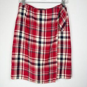 Lauren Ralph Lauren Red Plaid 100% Linen Wrap Skirt Womens 4 Preppy Classic